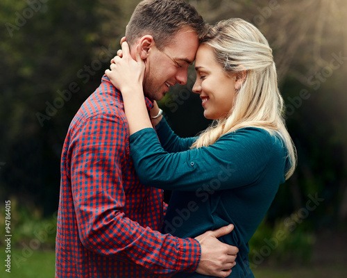 Bild auf Leinwand Hug, happy couple and forehead touch outdoor for love, commitment or marriage anniversary with eyes closed