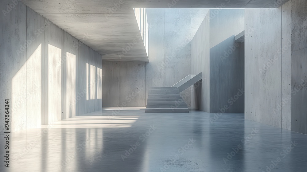 Modern Minimalist Interior with Concrete Walls and Sunlit Staircase in Contemporary Building Modern Minimalist Interior with Concrete Walls and Sunlit Staircase in Contemporary Building