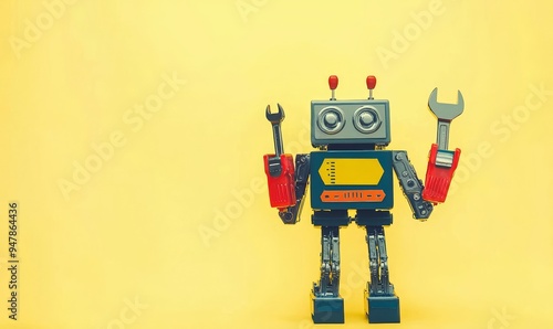 Friendly robot serviceman pliers and hand wrench. Fixing maintenance concept. Creative design toy, cogs wheels gears silver metallic body. Yellow background. Copy space.