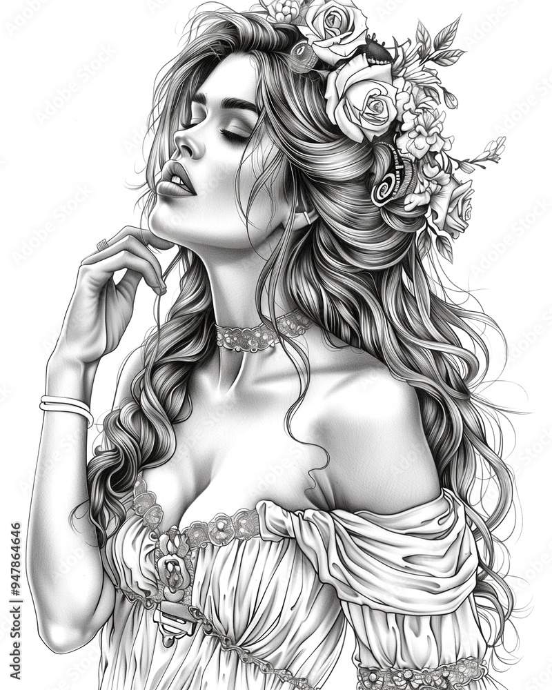 A woman with long hair is wearing a white dress and a flower crown. She is looking at the camera with a peaceful expression A woman with long hair is wearing a white dress and a flower crown. She is looking at the camera with a peaceful expression