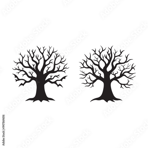 Halloween tree silhouette vector, isolated on white background, black and white silhouette vector and illustration, Halloween tree silhouette, silhouette style