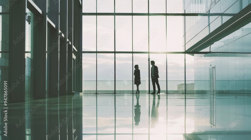Silhouetted figures converse in a spacious, modern office building with floor-to-ceiling windows showcasing a calm, twilight skyline. Silhouetted figures converse in a spacious, modern office building with floor-to-ceiling windows showcasing a calm, twilight skyline.