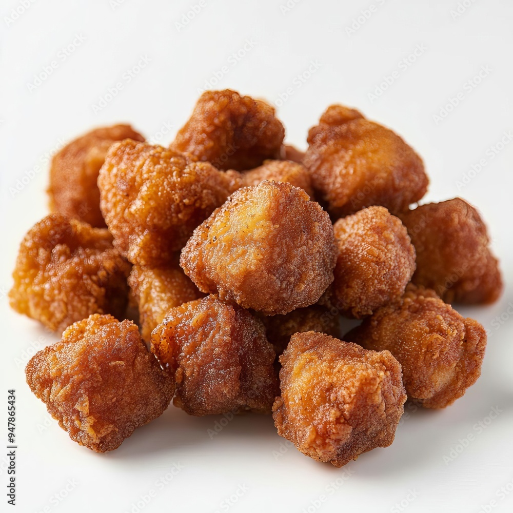 Fried chicken pieces, crunchy coating, isolated on white background, bold colors, savory appeal Fried chicken pieces, crunchy coating, isolated on white background, bold colors, savory appeal
