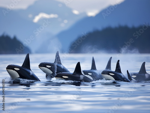 Pod of orcas swim in formation, dorsal fins breaking the surface of the open ocean. photo