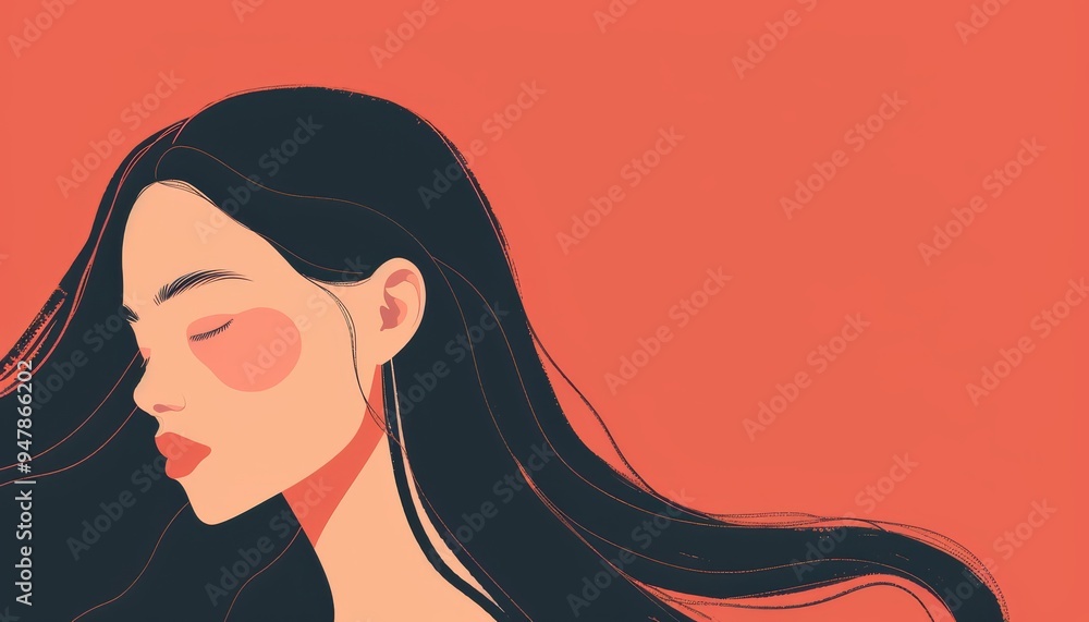 Minimalistic Flat Illustration of an Asian Woman With Long Hair Against a Vibrant Coral Background Minimalistic Flat Illustration of an Asian Woman With Long Hair Against a Vibrant Coral Background