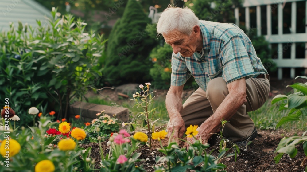 Fototapeta premium An elderly man tends to his colorful garden, surrounded by blooming flowers and green foliage, embodying peaceful and dedicated gardening.