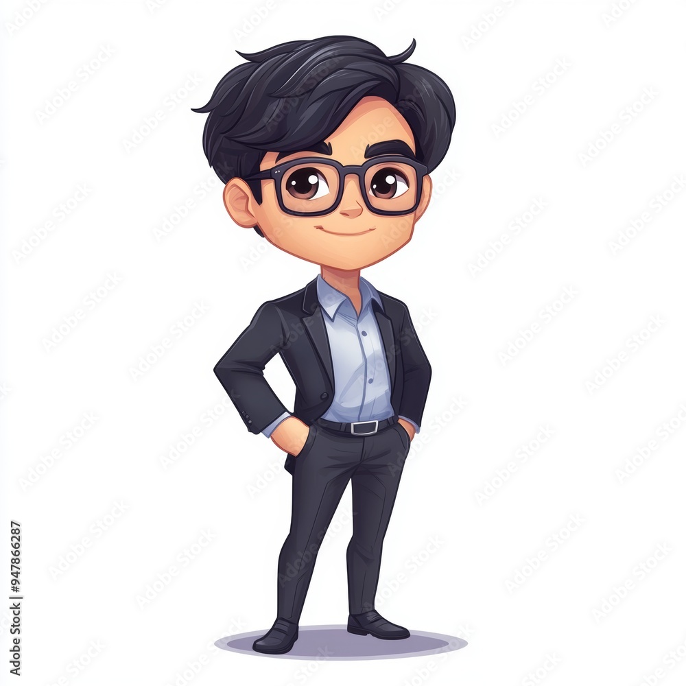 Playful Cartoon of a Confident Asian Businessman with Glasses in a Dark Grey Suit on a White Background Playful Cartoon of a Confident Asian Businessman with Glasses in a Dark Grey Suit on a White Background