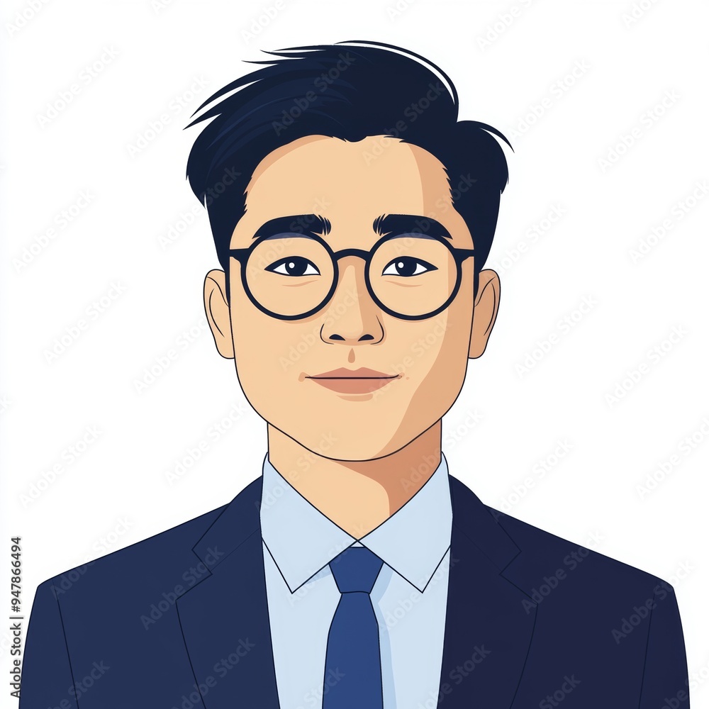 Cartoon Style Asian Businessman with Round Glasses in Dark Blue Suit and Blue Tie Modern Minimalist Illustration on White Background Cartoon Style Asian Businessman with Round Glasses in Dark Blue Suit and Blue Tie Modern Minimalist Illustration on White Background