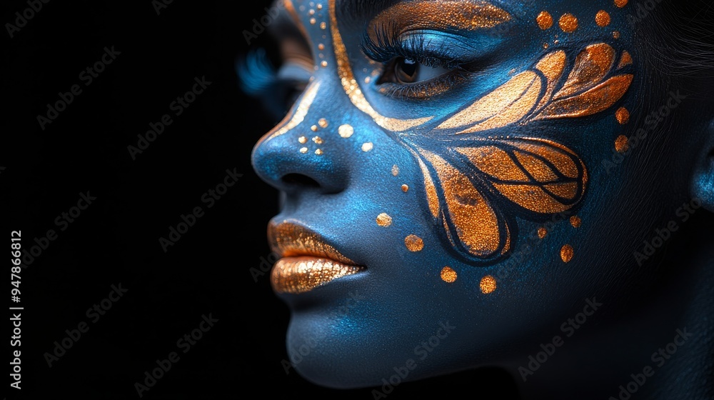 Model posing with creative golden makeup and blue skin Model posing with creative golden makeup and blue skin