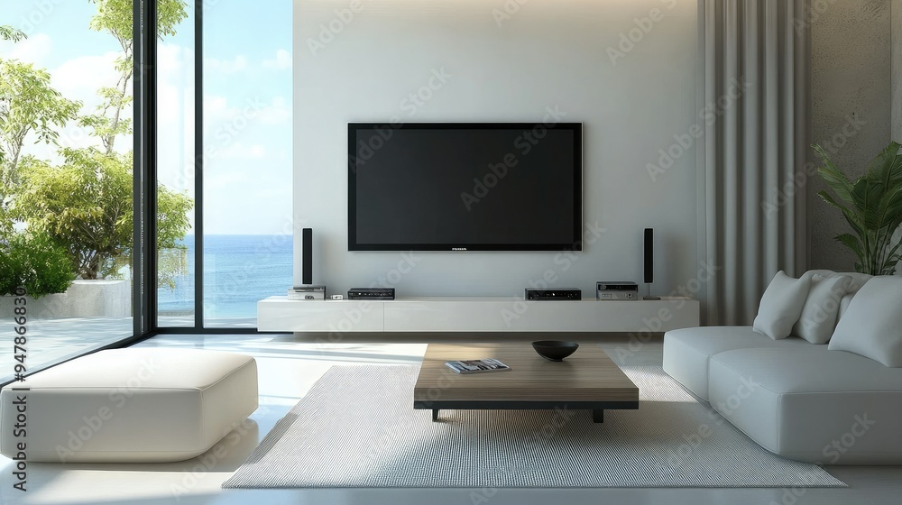 Chic minimalist living room interior, with a flat-screen TV, minimalist seating, and a focus on clean lines and uncluttered surfaces. Chic minimalist living room interior, with a flat-screen TV, minimalist seating, and a focus on clean lines and uncluttered surfaces.