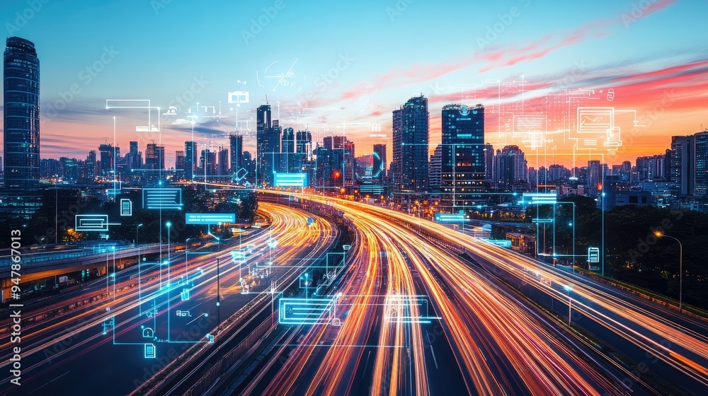 City skyline at dusk with technology symbols and light trails, capturing the essence of modern business innovation. City skyline at dusk with technology symbols and light trails, capturing the essence of modern business innovation.