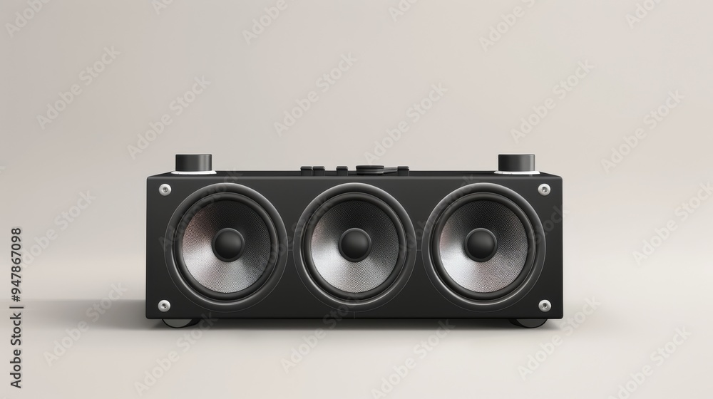 A modern black speaker box with three prominent woofers displayed against a minimalist, clean background. A modern black speaker box with three prominent woofers displayed against a minimalist, clean background.