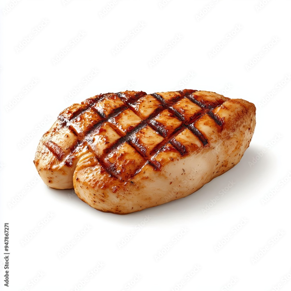 Grilled chicken breast, perfectly charred marks, isolated on white background, realistic textures, appetizing gloss Grilled chicken breast, perfectly charred marks, isolated on white background, realistic textures, appetizing gloss