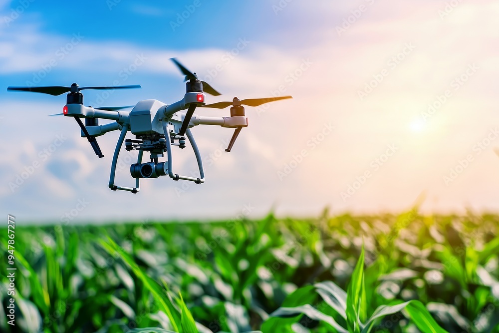 Sweet corn fields are sprayed with fertilizer by agriculture drones Sweet corn fields are sprayed with fertilizer by agriculture drones