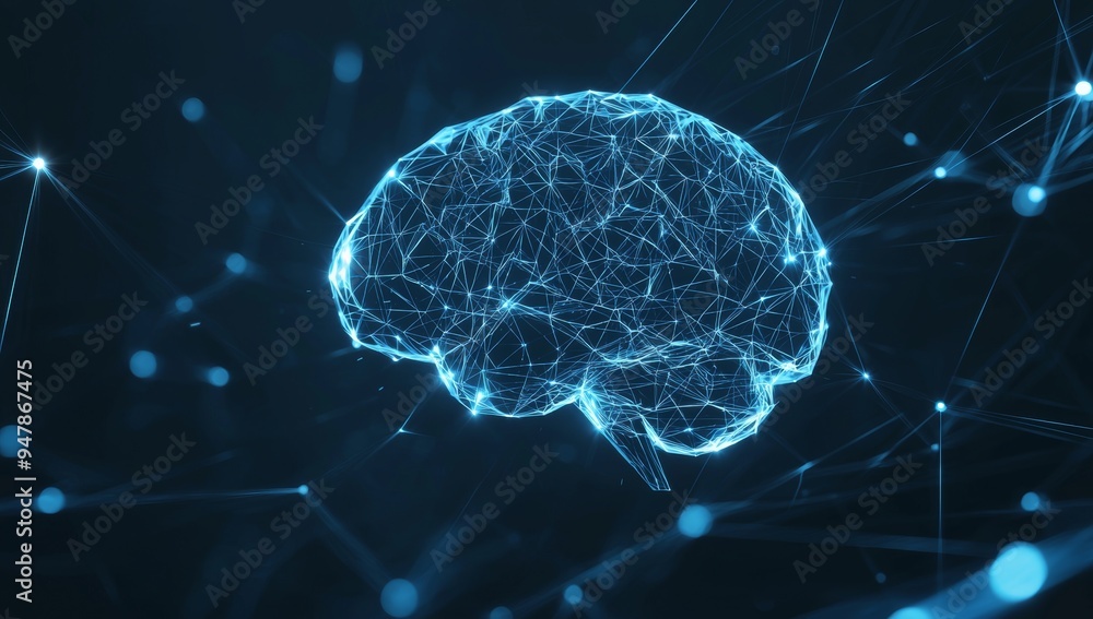 3D render of an abstract wireframe net graphic brain made up of machine learning, fog calculations, stock, ai, deep learning, blockchain neural networks. 3D render of an abstract wireframe net graphic brain made up of machine learning, fog calculations, stock, ai, deep learning, blockchain neural networks.