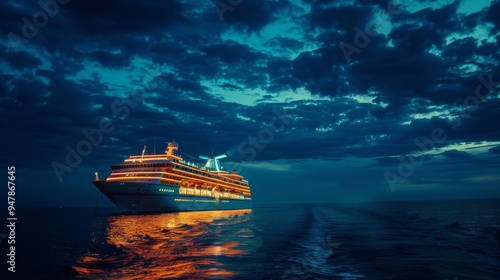 A cruise ship lit warmly against a twilight backdrop, reflecting beautifully on the tranquil ocean waters. photo