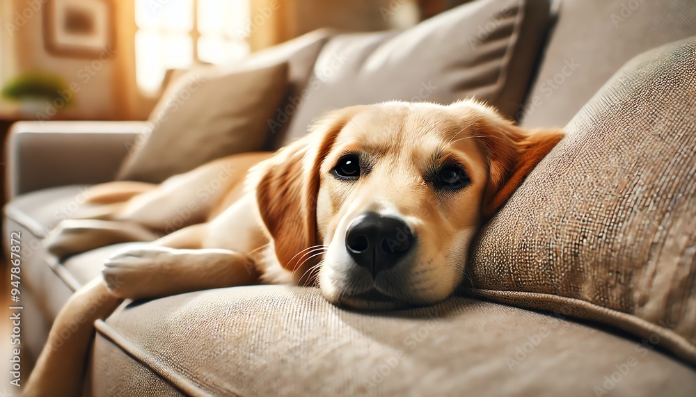 A relaxed Golden Retriever dog lying on a plush, light-colored sofa A relaxed Golden Retriever dog lying on a plush, light-colored sofa
