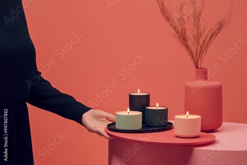 A person presenting a luxury candle set with a solid color background, emphasizing the candlesâ€™ sophisticated design and premium scents. photo