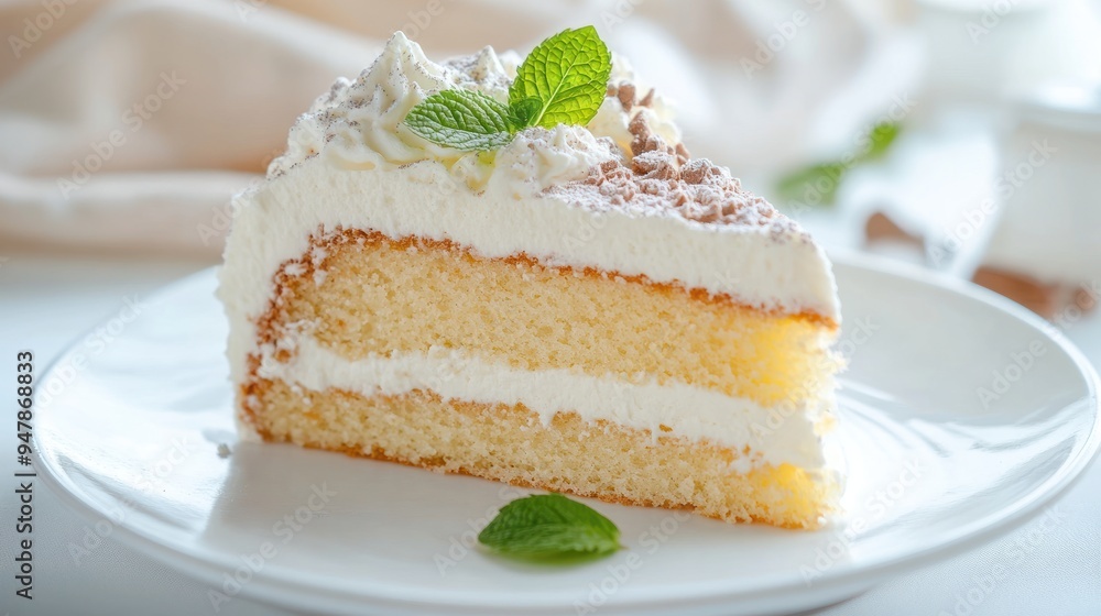 A Slice of Vanilla Cake with Whipped Cream and Mint A Slice of Vanilla Cake with Whipped Cream and Mint