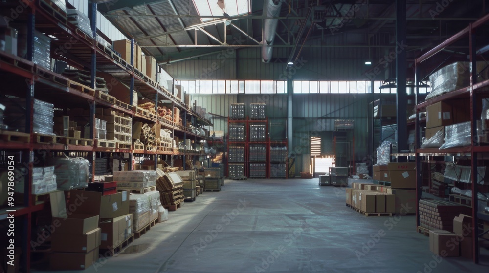 An expansive view of a well-organized warehouse with neatly stacked boxes and shelves under bright industrial lighting. An expansive view of a well-organized warehouse with neatly stacked boxes and shelves under bright industrial lighting.
