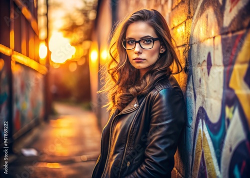 smart rebel modern intellectual woman wearing glasses and leather jacket leaning against urban graffiti wall at sunset with moody dramatic warm golden light