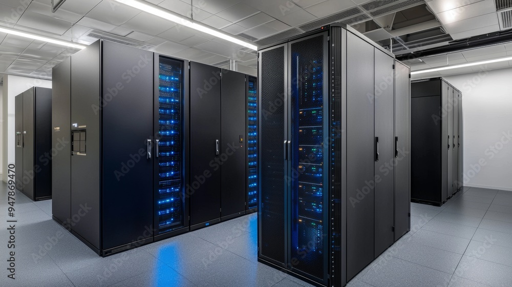 A view of a modern data center with multiple rows of fully operational server racks. Concept of communication, cloud computing, stock markets, databases, and supercomputers. A view of a modern data center with multiple rows of fully operational server racks. Concept of communication, cloud computing, stock markets, databases, and supercomputers.
