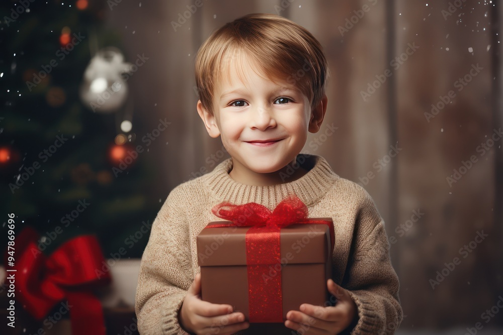Smiling little African American boy with a Christmas gift on the background of the blurred Christmas tree at home. He is smiling and looking at camera. Christmas mood concept. Smiling little African American boy with a Christmas gift on the background of the blurred Christmas tree at home. He is smiling and looking at camera. Christmas mood concept.