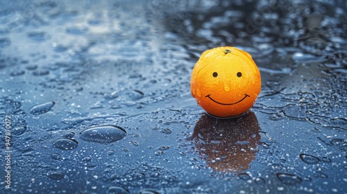 A cheerful orange with a smiley face drawn on it rests on a wet surface, conveying a playful and whimsical mood amidst water droplets.