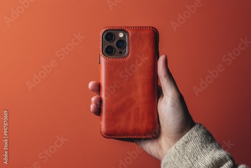 An individual demonstrating a stylish leather phone case against a solid color backdrop, highlighting its craftsmanship and elegant design.  photo