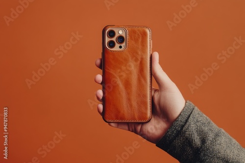 An individual demonstrating a stylish leather phone case against a solid color backdrop, highlighting its craftsmanship and elegant design.  photo