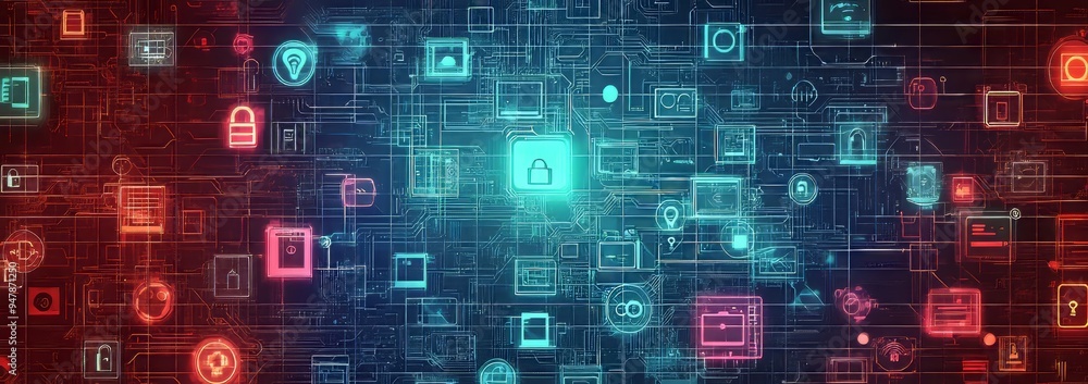 A diagram with icons on a server room background representing concepts in ICT and IOT. A diagram with icons on a server room background representing concepts in ICT and IOT.