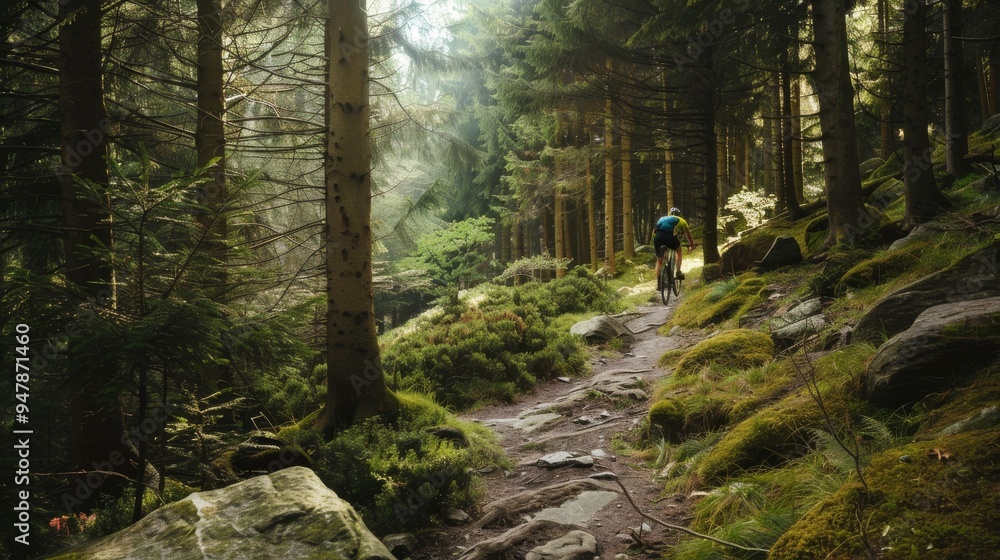 Obraz premium A mountain biker rides through a lush sunlit forest, capturing the essence of thrill and the splendor of nature during an adventurous journey.