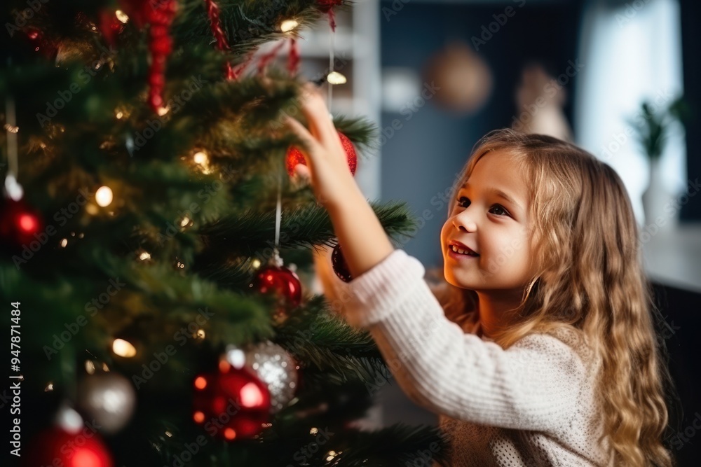 Expectation of holiday, magic and gifts from Santa Claus. Photo of a little Scandinavian girl is decorating Christmas tree at home. Expectation of holiday, magic and gifts from Santa Claus. Photo of a little Scandinavian girl is decorating Christmas tree at home.