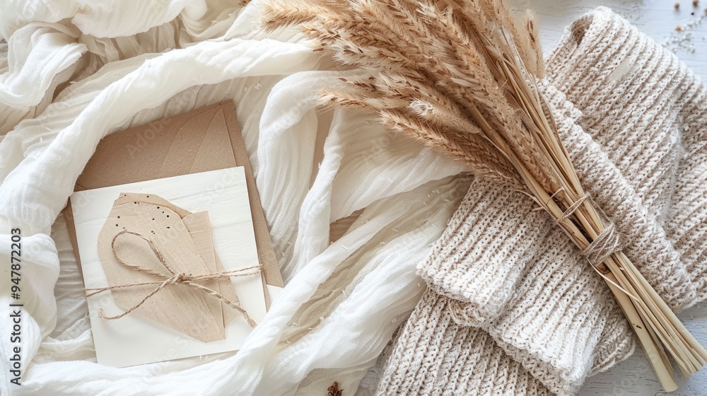 Minimalist composition with dried flowers, knitted fabric and craft paper. Minimalist composition with dried flowers, knitted fabric and craft paper.