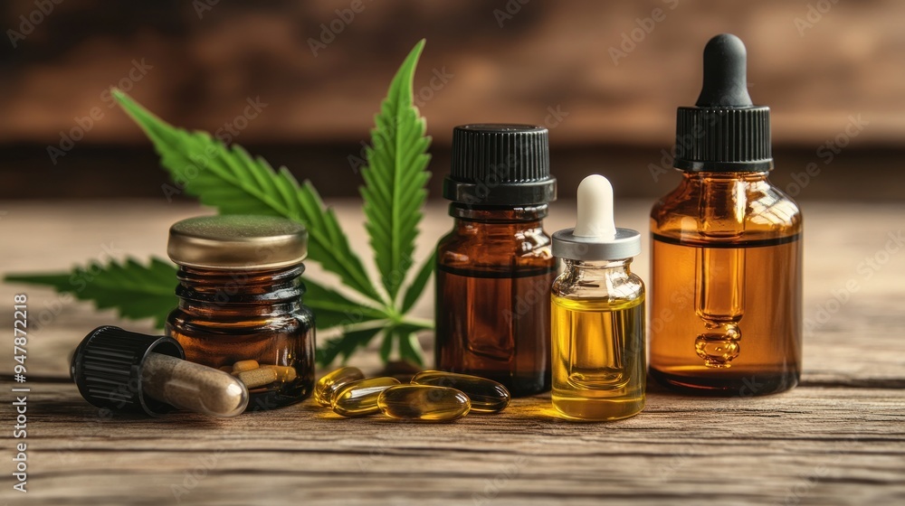 A bottle of cannabis oil is next to a bottle of fish oil A bottle of cannabis oil is next to a bottle of fish oil