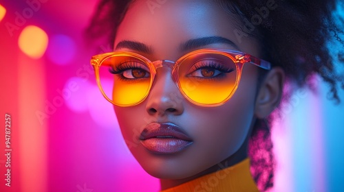 Fashion model posing with yellow glasses and neon lights