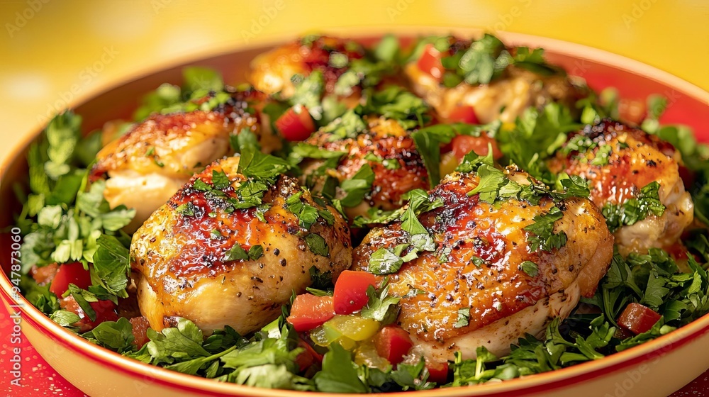 A gourmet chicken dish with vibrant herbs and spices, food photography, shallow depth of field, bokeh effect, large negative space for text, gradient red to yellow background A gourmet chicken dish with vibrant herbs and spices, food photography, shallow depth of field, bokeh effect, large negative space for text, gradient red to yellow background