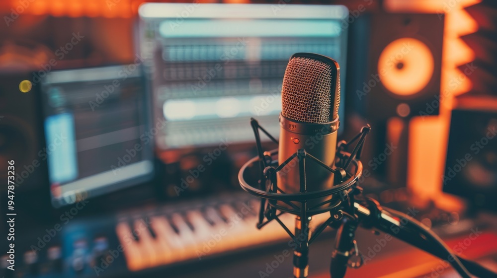 A close-up view of a professional microphone set in a warm-lit music studio, capturing the essence of creativity and sound production. A close-up view of a professional microphone set in a warm-lit music studio, capturing the essence of creativity and sound production.