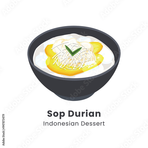 Hand drawn vector illustration of Sop duren. Famous dessert in Indonesia made from fresh durian and ice cubes, sweetened with condensed milk and cheese