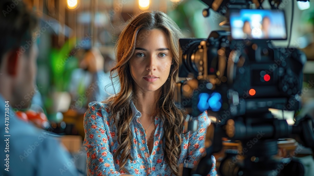 A young woman with long hair in a blue floral shirt is being interviewed, facing a camera, in a warmly lit environment with a blurred background. A young woman with long hair in a blue floral shirt is being interviewed, facing a camera, in a warmly lit environment with a blurred background.