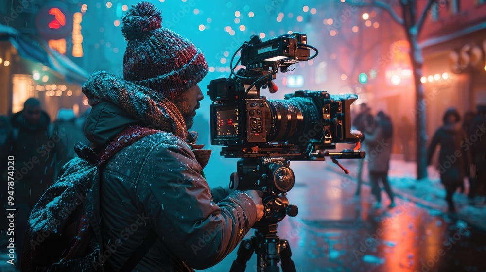 A man wearing winter clothing films a scene in a snowy urban environment using a professional camera setup. The scene is rich in cool blue lighting and bustling city life. A man wearing winter clothing films a scene in a snowy urban environment using a professional camera setup. The scene is rich in cool blue lighting and bustling city life.