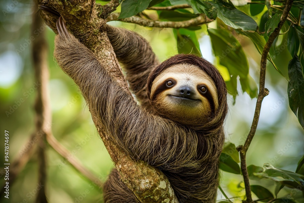 It's funny to see a three-toed sloth hanging on a branch of a tree, cute face, perfect portrait of a wild animal in the Rainforest of Costa Rica scratching its belly, Bradypus variegatus, It's funny to see a three-toed sloth hanging on a branch of a tree, cute face, perfect portrait of a wild animal in the Rainforest of Costa Rica scratching its belly, Bradypus variegatus,