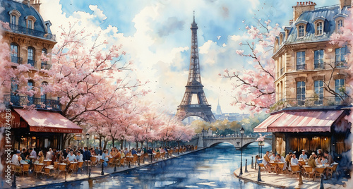 Eiffel Tower in Paris, France. Watercolor painting.