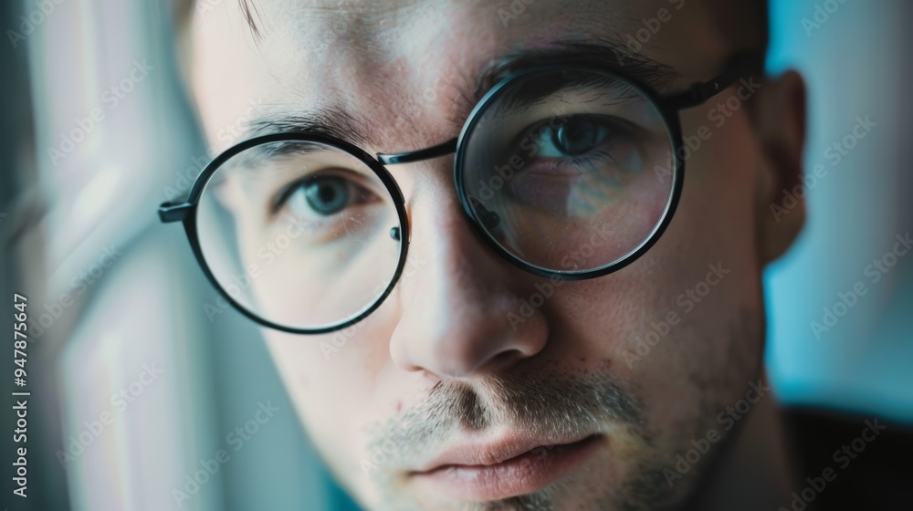 A close-up portrait of a person wearing round glasses, with an introspective gaze, set against a softly lit background. A close-up portrait of a person wearing round glasses, with an introspective gaze, set against a softly lit background.