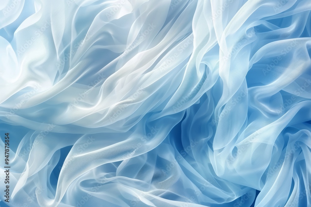 Obraz premium Abstract Background of Semitransparent Gentle Pale Blue Fabric, Flowing Wavy Drapery Texture