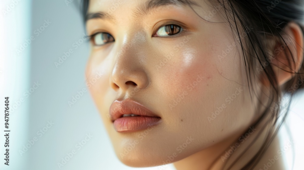 Close-up of a woman with a serene expression, her glowing skin and soft gaze accentuated in natural light, highlighting beauty and grace. Close-up of a woman with a serene expression, her glowing skin and soft gaze accentuated in natural light, highlighting beauty and grace.