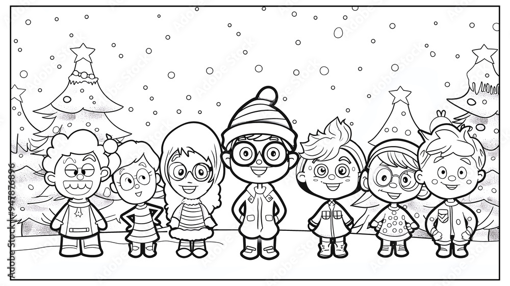 Christmas winter coloring page outline of cartoon funny kids, vector set of children friends, character design, funny features, big heads, and eyes Christmas winter coloring page outline of cartoon funny kids, vector set of children friends, character design, funny features, big heads, and eyes