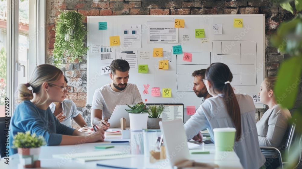 Fototapeta premium A vibrant office scene where team members collaborate around a whiteboard filled with colorful sticky notes and diagrams in a modern, industrial-style workspace.
