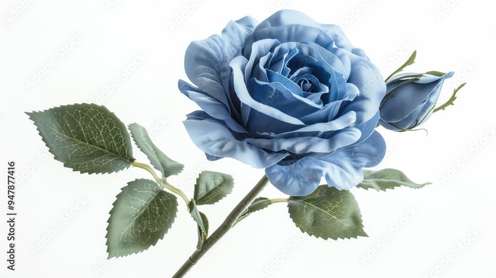 Fototapeta premium Blue rose with green leaves on a white background, showcasing delicate petals and a soft, romantic aesthetic Perfect for floral themed designs