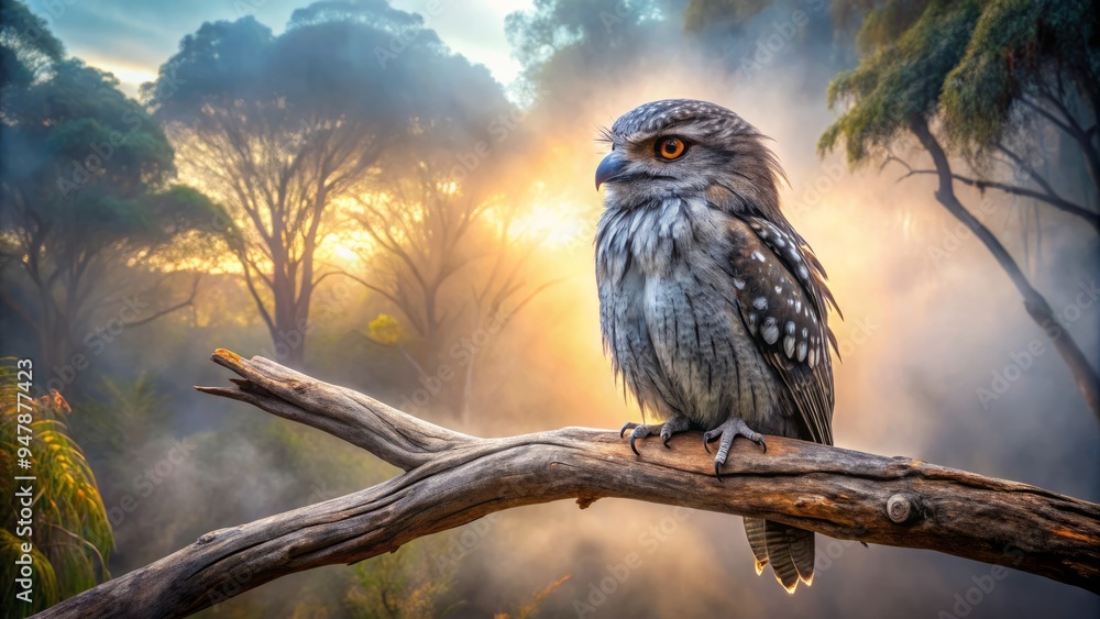 Softly glowing dawn illuminates the misty forest, highlighting a tawny frogmouth's feathery form as it sits poised on a twisted branch, feathers blending seamlessly into the surroundings. Softly glowing dawn illuminates the misty forest, highlighting a tawny frogmouth's feathery form as it sits poised on a twisted branch, feathers blending seamlessly into the surroundings.